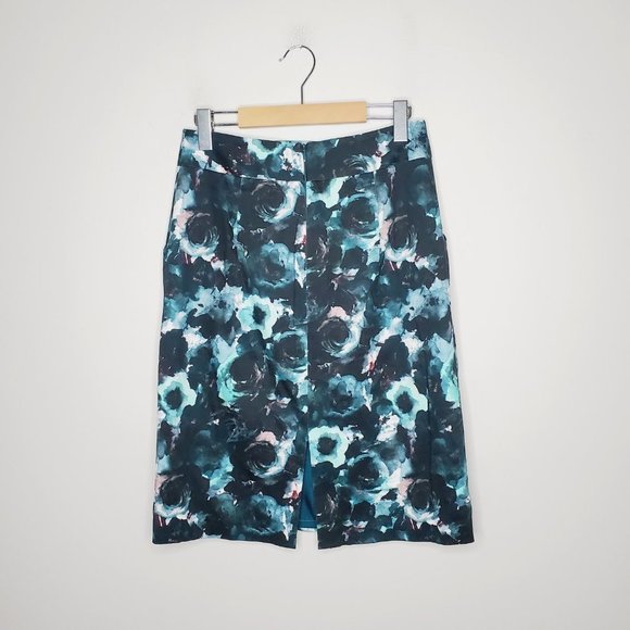 Milly Skirt Italian Fabric Teal Floral Bow Detail Abstract Pencil 6 - Picture 6 of 11